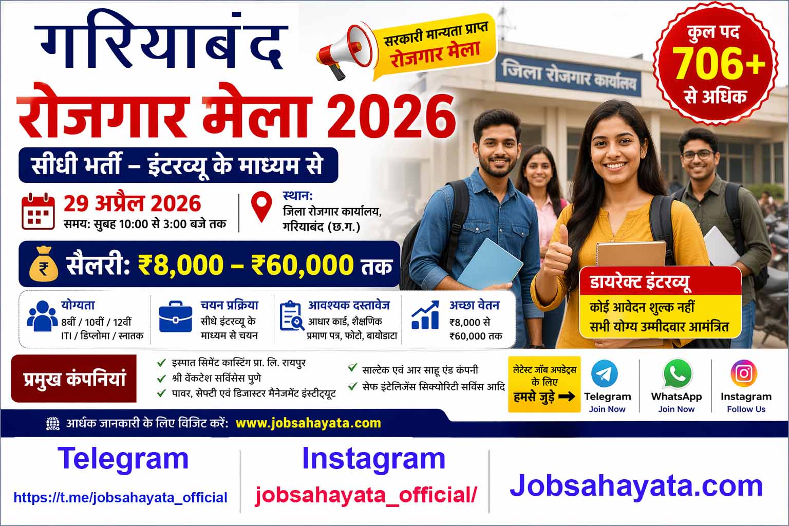 Gariaband Rojgar Mela 2026 job fair 706 vacancies direct interview salary details Chhattisgarh