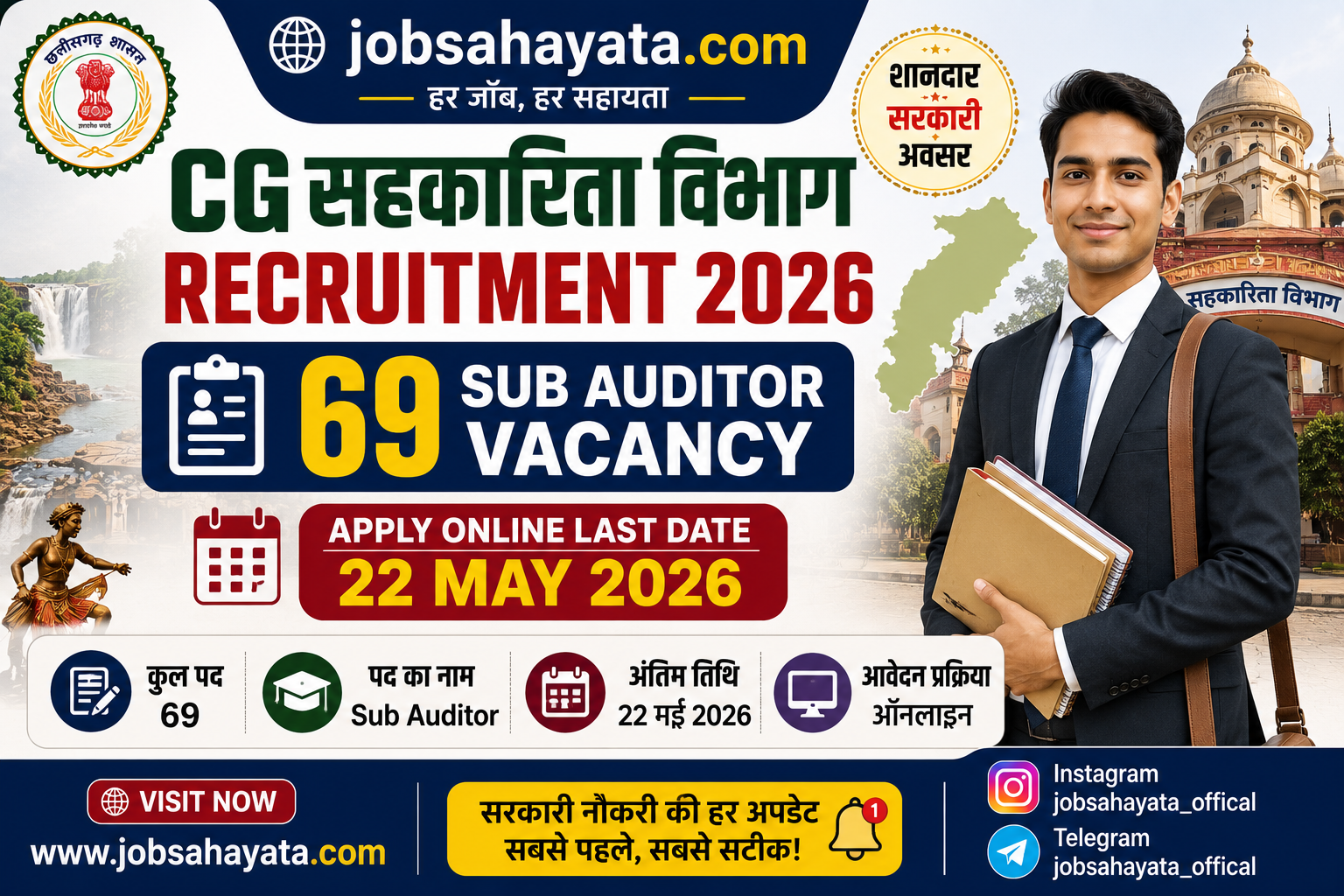 CG Sahkarita Vibhag Recruitment 2026 पोस्टर जिसमें 69 Sub Auditor Vacancy, आवेदन तिथि और भर्ती जानकारी दिखाई गई है।