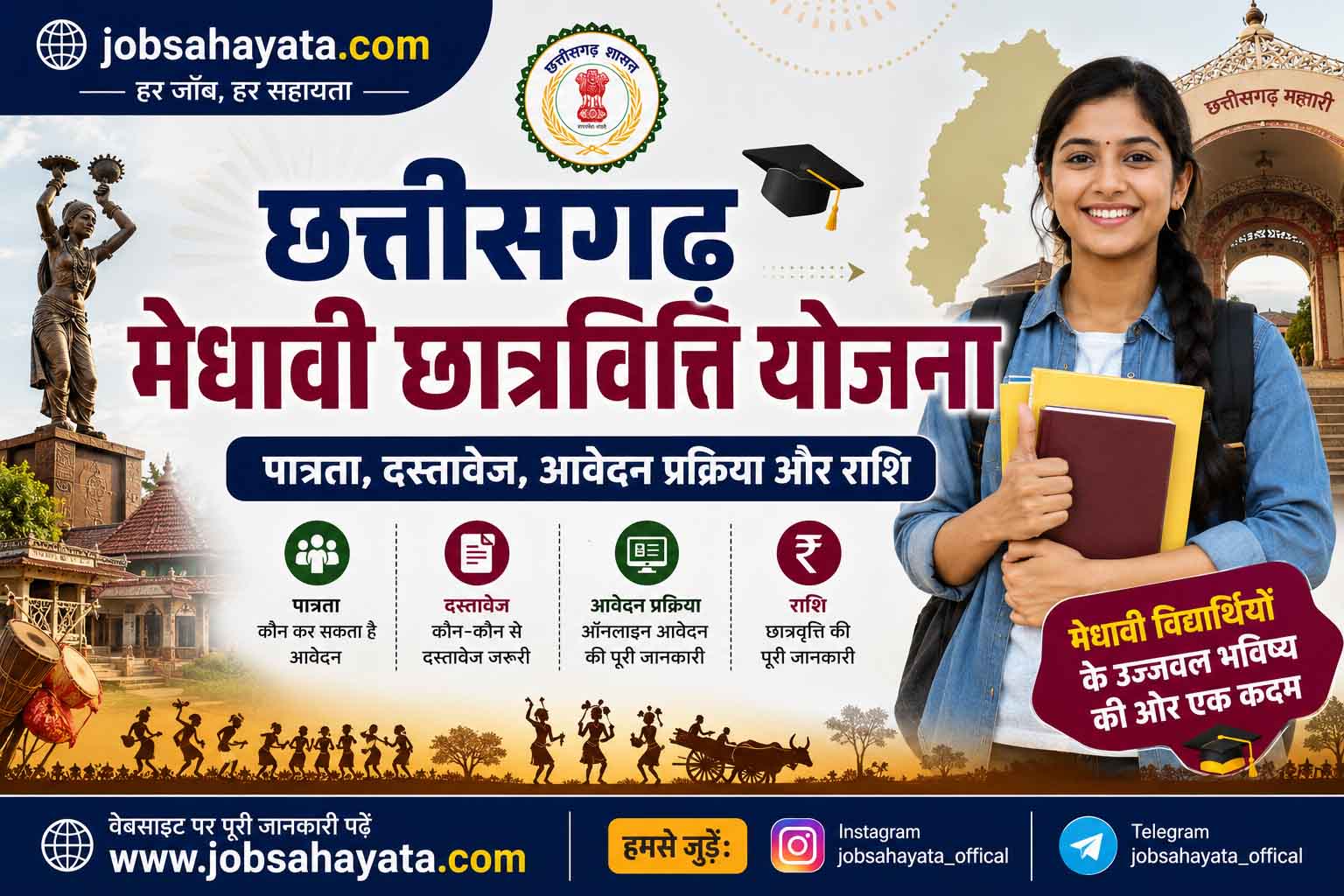 छत्तीसगढ़ मेधावी छात्रवृत्ति योजना पोस्टर जिसमें छात्रा, छात्रवृत्ति योजना, पात्रता, दस्तावेज और आवेदन प्रक्रिया की जानकारी दिखाई गई है।